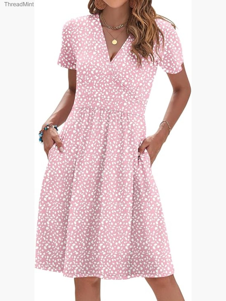 Short Sleeve V-Neck Floral Sundress With Pockets, Casual Summer Dress